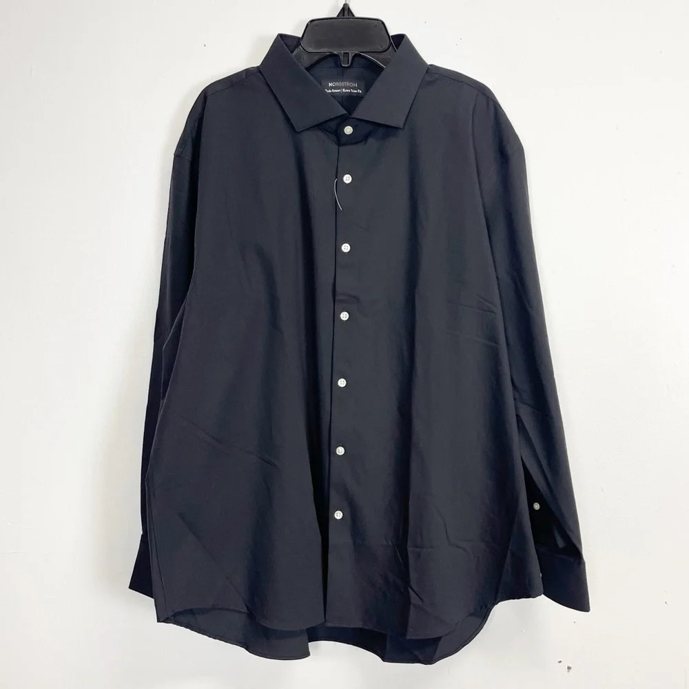 NEW Nordstrom Button Up Shirt Mens 17.5 32-33 Black Tech Smart Extra Trim Fit